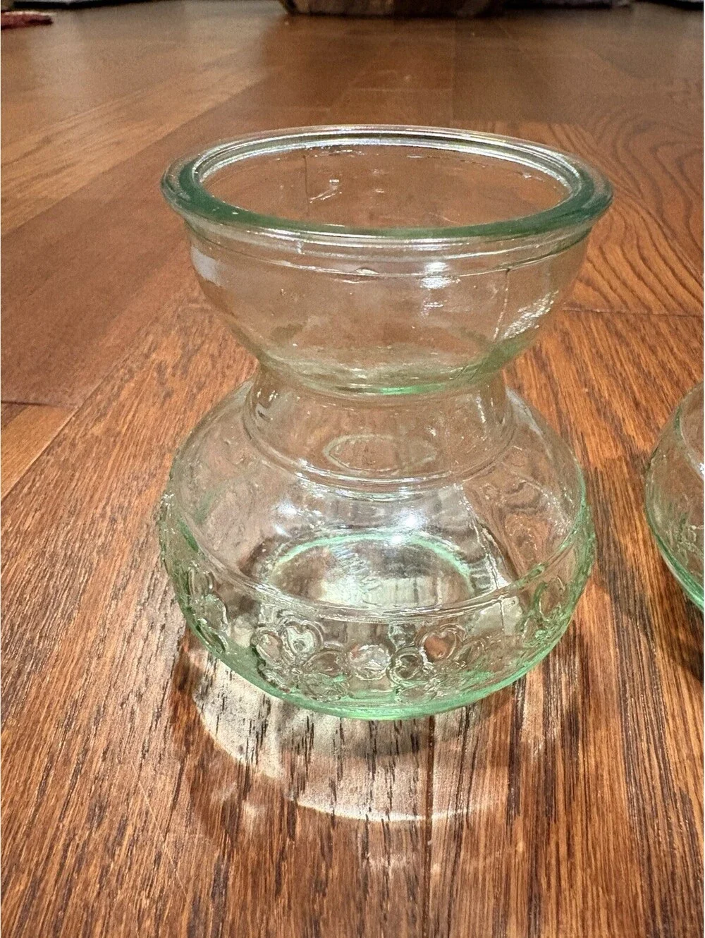 Green Glass Bulb Forcing Vase with Embossed Flowers Tulip, Hyacinth, Paperwhite